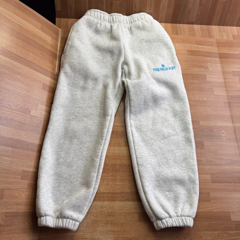 Pink Palm Puff Women's Gray Fleece Joggers - Cozy Elastic Waist